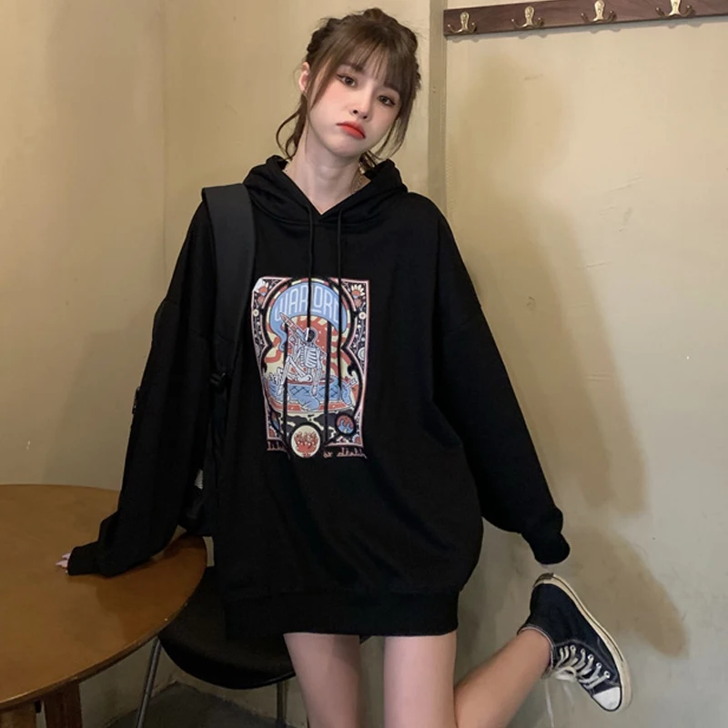 

Korean Harajuku Printed Sweatshirts Women Spring Autumn Casual Hooded Draw String Cartoon Finny Loose Hoodies Female Chic Tops