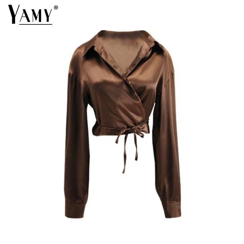 Блузка Женская атласная с длинным рукавом Модный укороченный топ запахом
