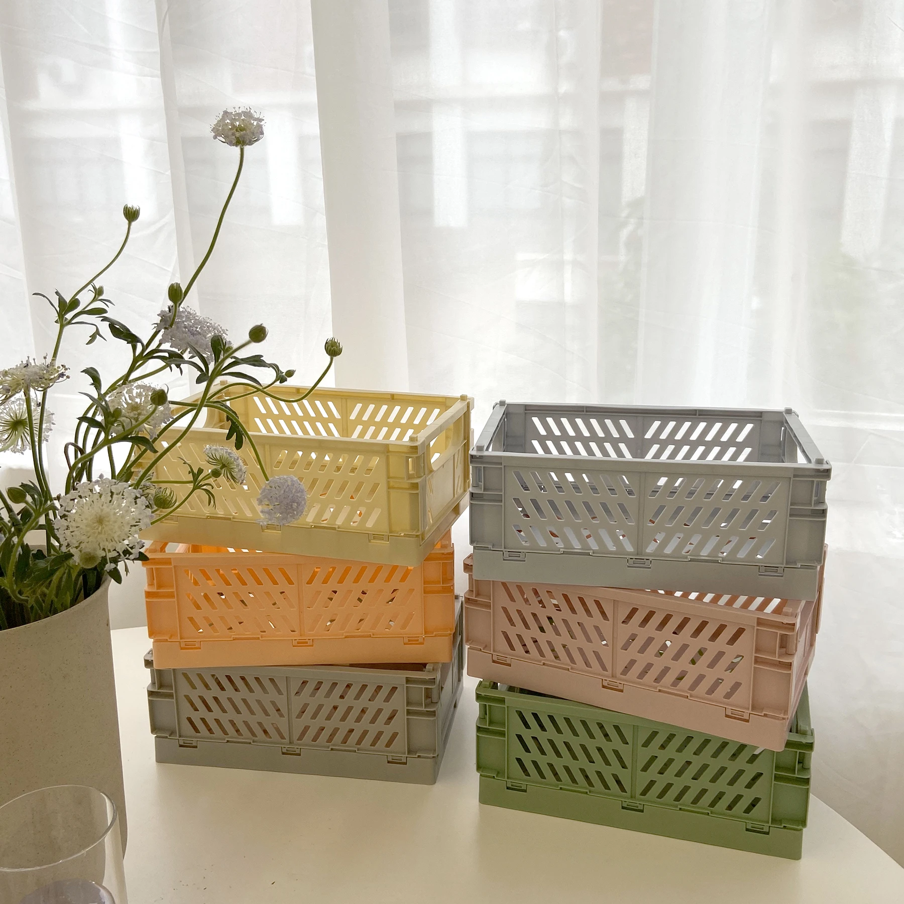 

Ins Desktop Plastic Folding Cosmetic Storage Box Basket Organizer Stationery Stackable Boxes Desk Toy Sundries Snack Storage Box