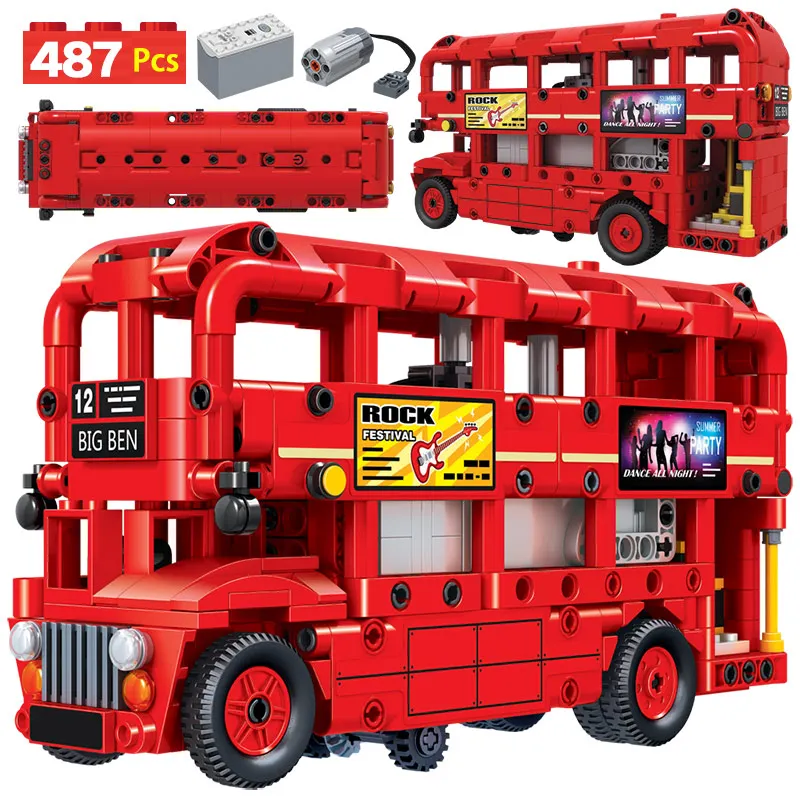 487 шт. создатель Электрический двухэтажный автобус красный строительные блоки