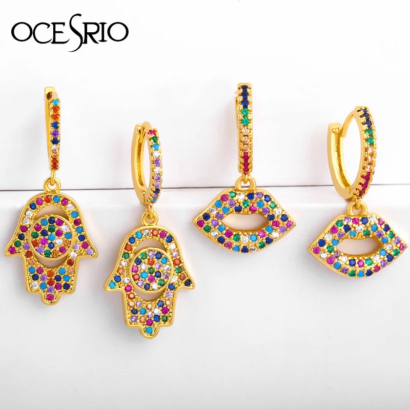 Роскошные серьги Радуга OCESRIO золотые капельки с вырезом Хамса висячие кубическим