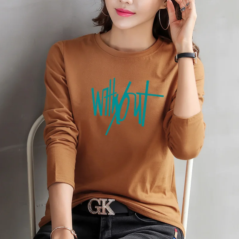 2019 женские футболки с принтом Осенние круглым вырезом и длинным рукавом