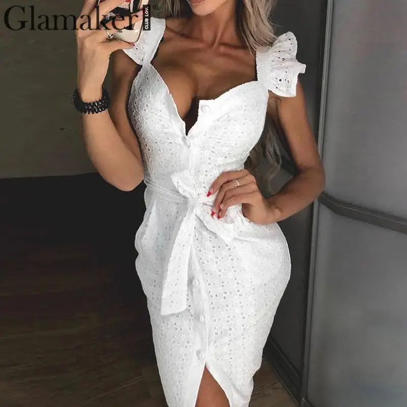 Женское длинное платье Glamaker Кружевное облегающее платье-макси на кнопках с