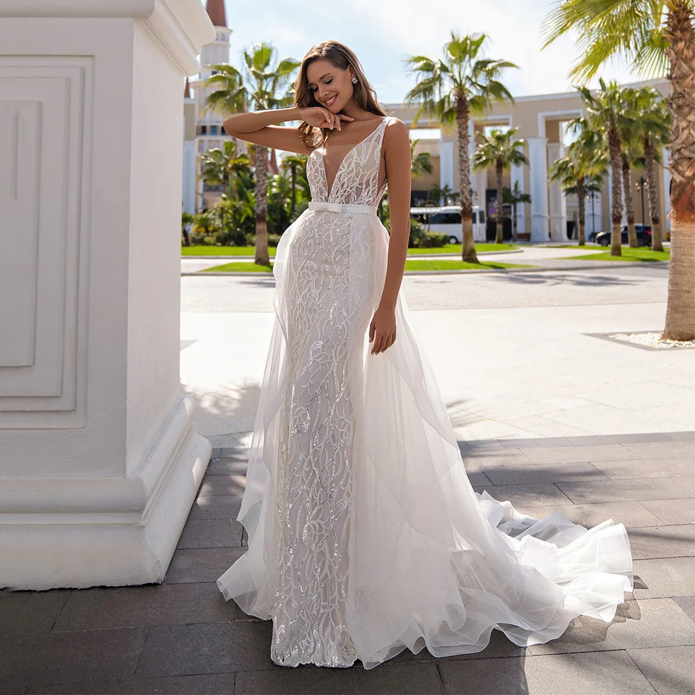 

Sparkle A Line Vestido De Noiva Lace Backless V Neck Cap Sleeve Bow White Wedding Dresses Garden Series Bridal Gown