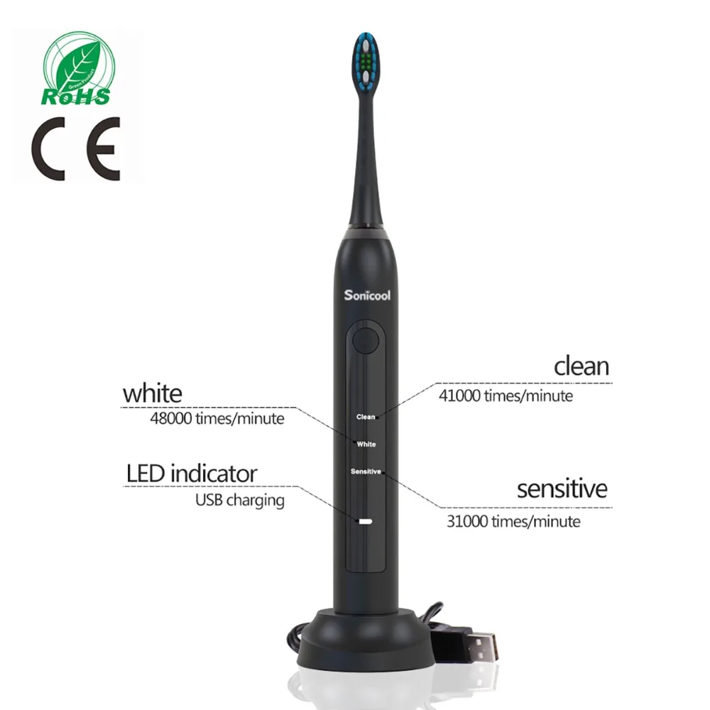 Sonicool 051B ультра звуковая электрическая зубная щетка USB перезаряжаемые зубные щетки с 4 шт. DuPont сменные головки