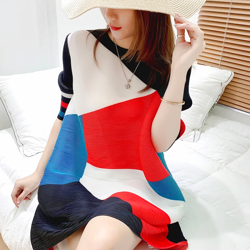

Mini Dress Summer For Women 45-75kg 2020 New Printed Miyake Pleated Round Neck Three Quarter Sleeves Elastic Loose A-Line Dress