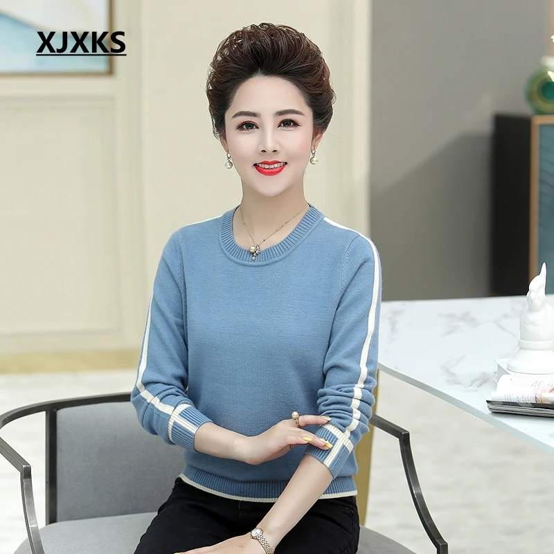 XJXKS, новинка, Зимняя мода, Pull Femme Hiver, хороший эластичный свитер, пуловер, Базовая рубашка, Топ с длинным рукавом, кашемировые свитера - Цвет: Синий