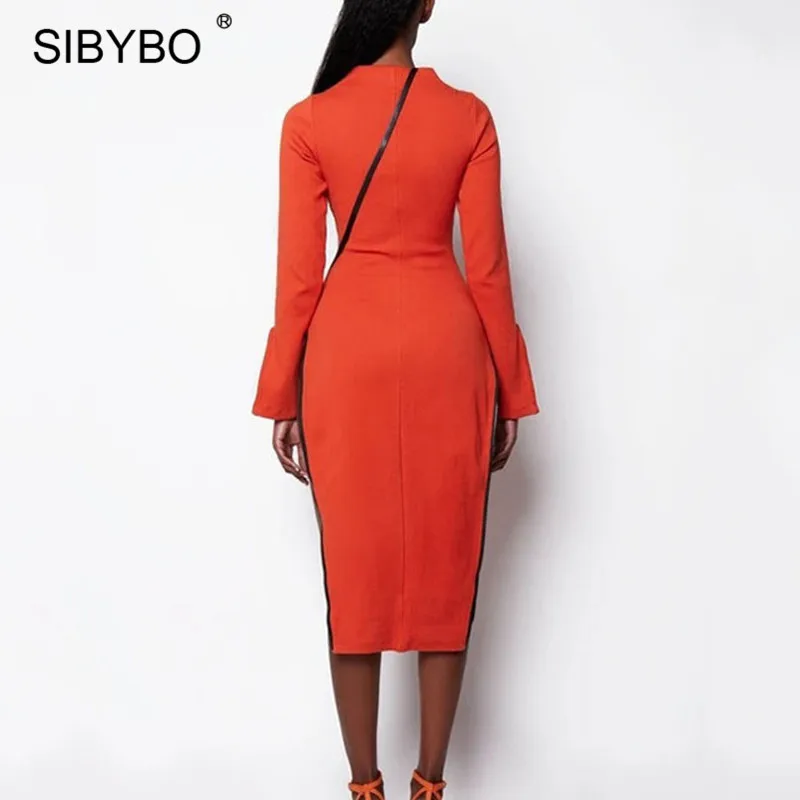 Женское облегающее платье с высоким разрезом SIBYBO черное вязаное длинным рукавом