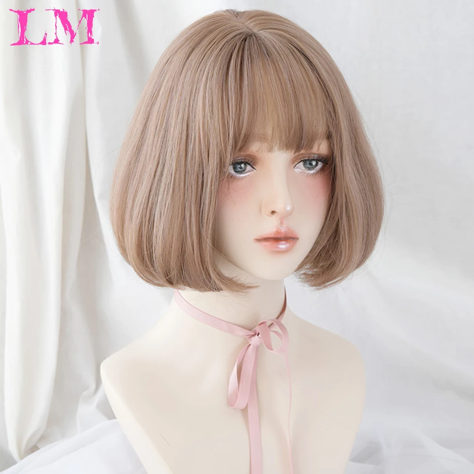 

LiangMo Short Bob Wig With Bangs For Women Synthetic Bob Wigs Black Pink Purple Wig For Party Daily Use Shoulder Length