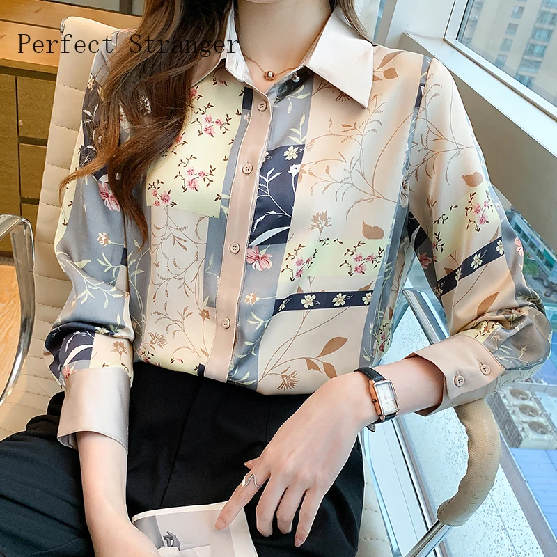 

Шифоновая Блузка с длинным рукавом, Офисная рубашка с принтом, женская блузка с отложным воротником, однобортный Топ, рубашки 2XL