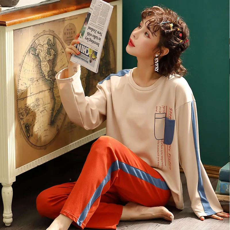 

35% Cotton Fall and Winter Women Two-piece Pajamas Cartoon Printed Long-sleeved Trousers Loose Pyjama Cute Night Suit for Girls