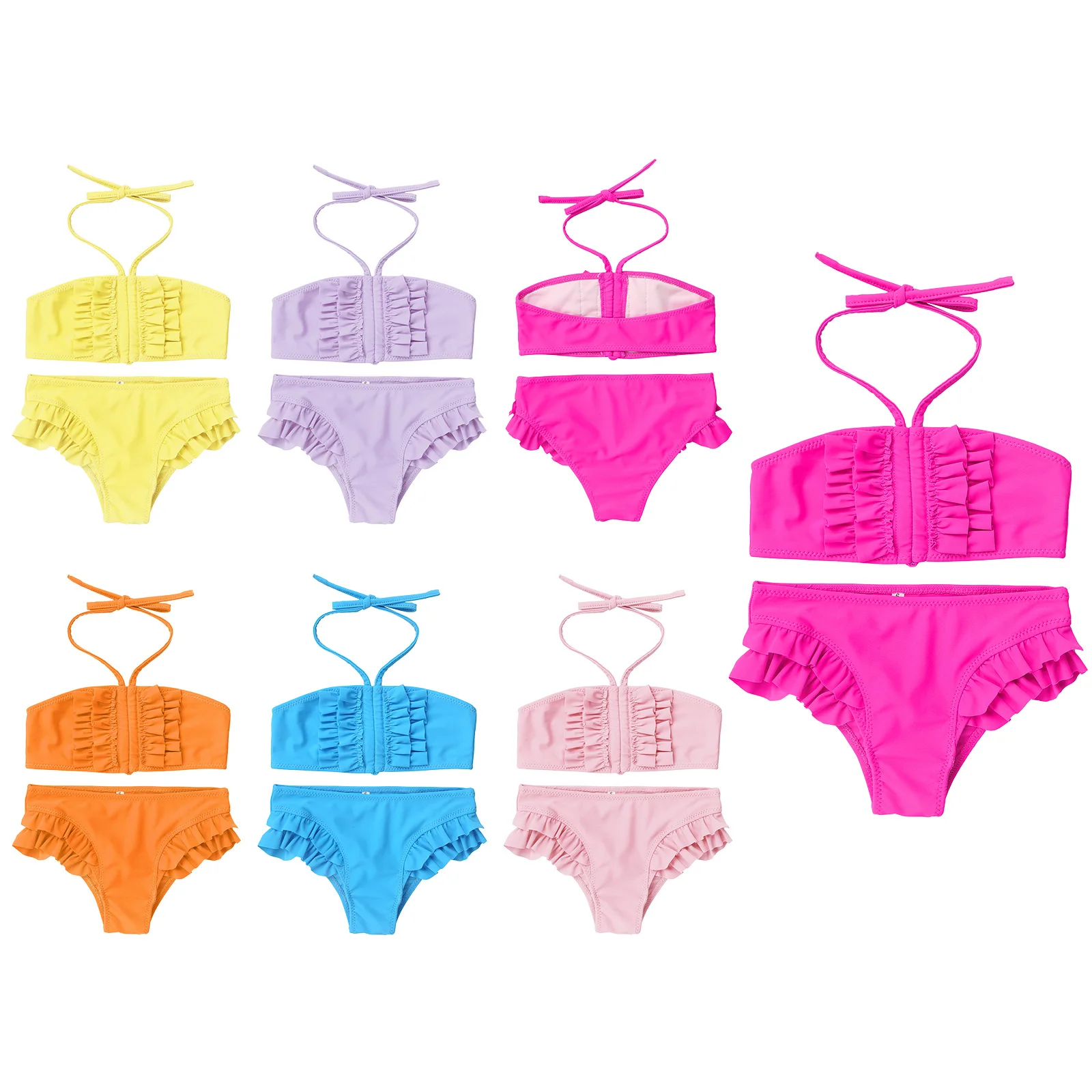 

2Pcs Kids Girls Swimsuit Outfit Haler Neck Ruffle Front Bra Top with Ruffel Bikini Bottoms Beachwear Swimming Bathing Suit Set