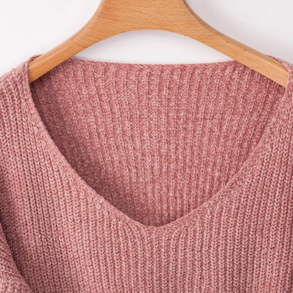 

Fashion Warm Solid Knitted Sweater Casual Autumn Winter V-Neck Loose Pullover Tops Ladies Female Women Long Sleeve Blusas Jumper