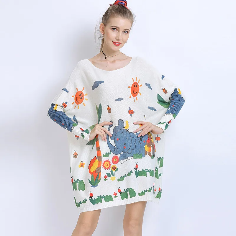 

Autumn Female Lovely Cartoon Batwing Sleeve Loose Sweater Sexy Off Shoulder Solid Color Elephant Print Long Sleeve Knitwear