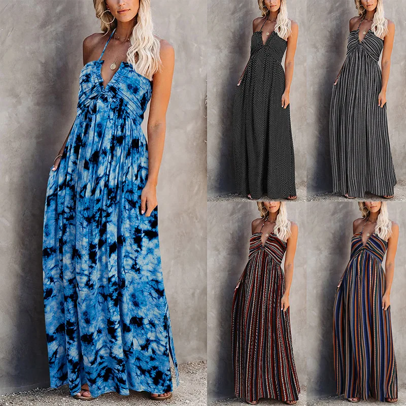 

Long Skirt Printed Suspender V-neck High Waist Slim Dress Long Skirt Women Summer Vacation Skirts 2020