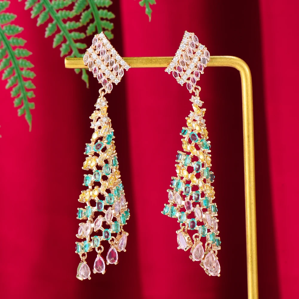 

High Quality New Design Cute Bright Long Dangle Earring For Women Wedding Cubic Zirconia DUBAI Bridal Earring Party Jewelry 2021