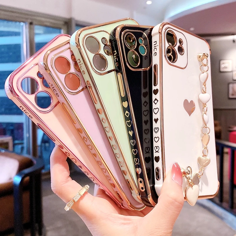 

Soft Electroplated Love Heart Phone Case For iPhone 11 12 Pro Max XS X XR 7 8 Plus Mini SE 2020 Pearl Bracelet Bumper Back Cover