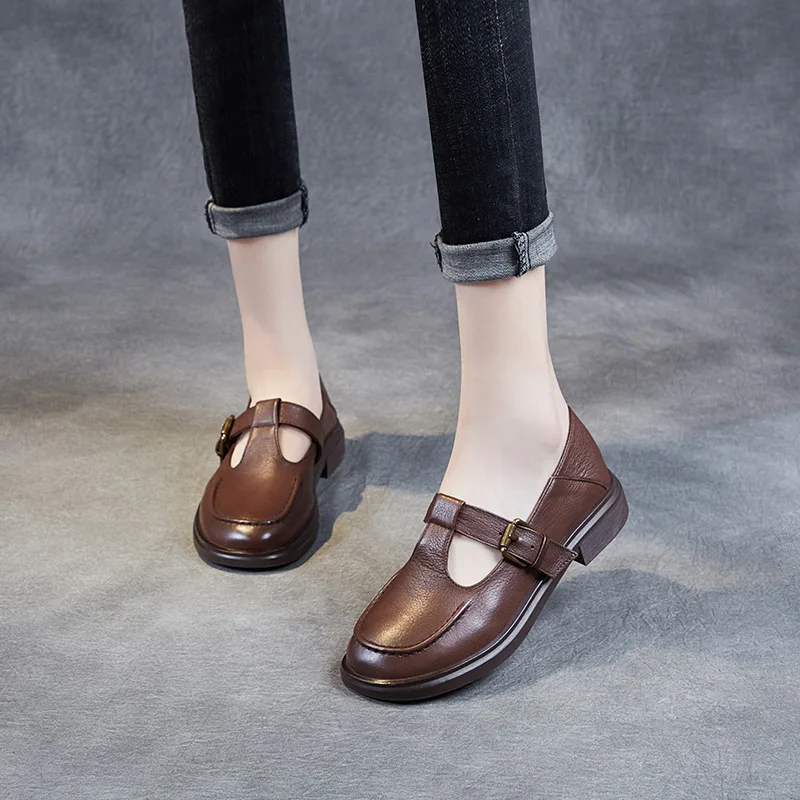 

Black High-Quality Cowhide Retro Flat Mary Jane Shoes Comfortable Spring And Autumn Leather Women'S Shoes Brown Loafers