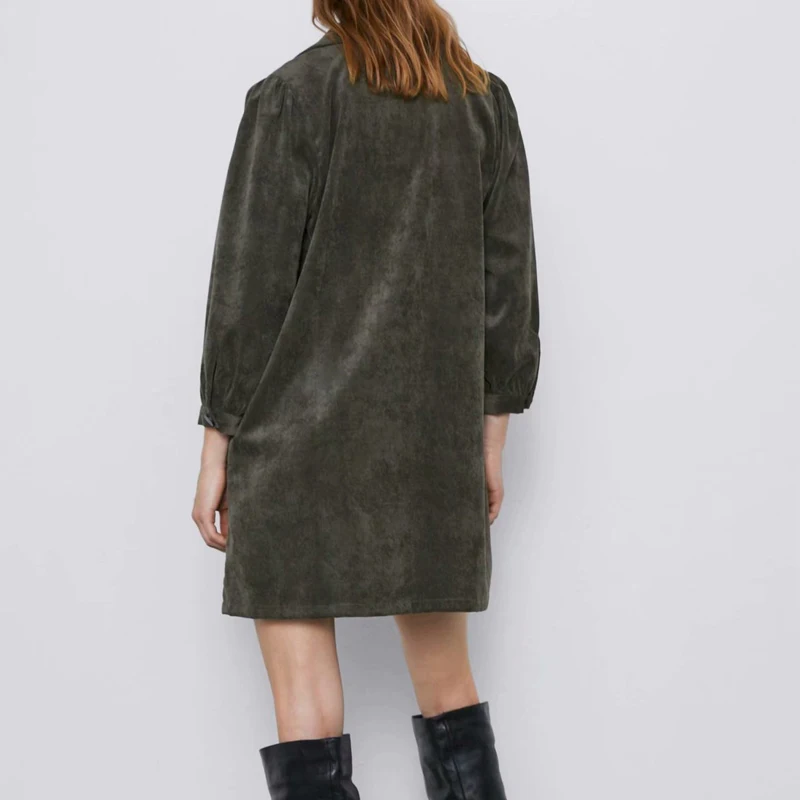 Женское вельветовое мини платье с карманами однотонное рубашка длинным рукавом