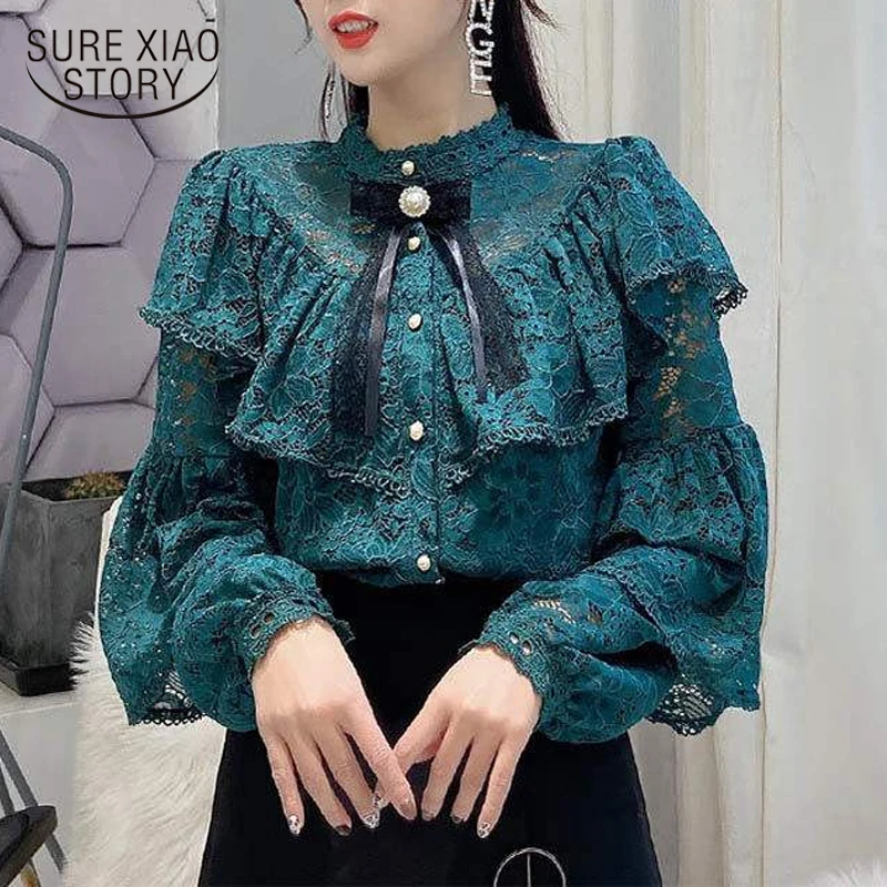 

Autumn 2020 Sexy Lace Hollow Out Lantern Long Sleeve Blouse Women Elegant Bow Ruffle Tops Cardigan Chemisier Femme 12262