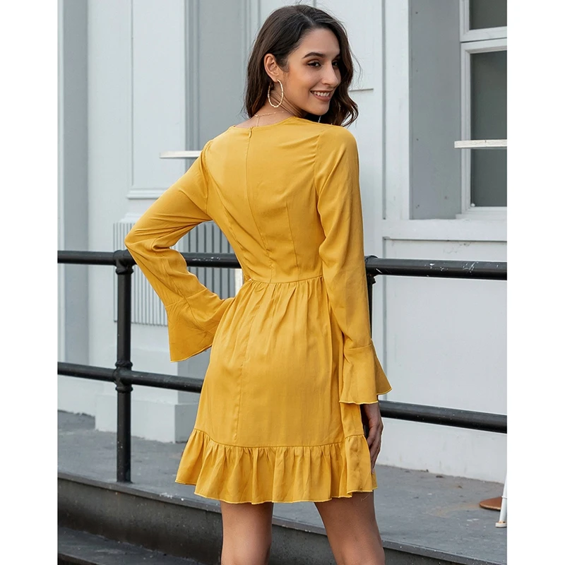 

Kili Women'S V-Neck Fashion Flare Sleeve Dress Yellow
