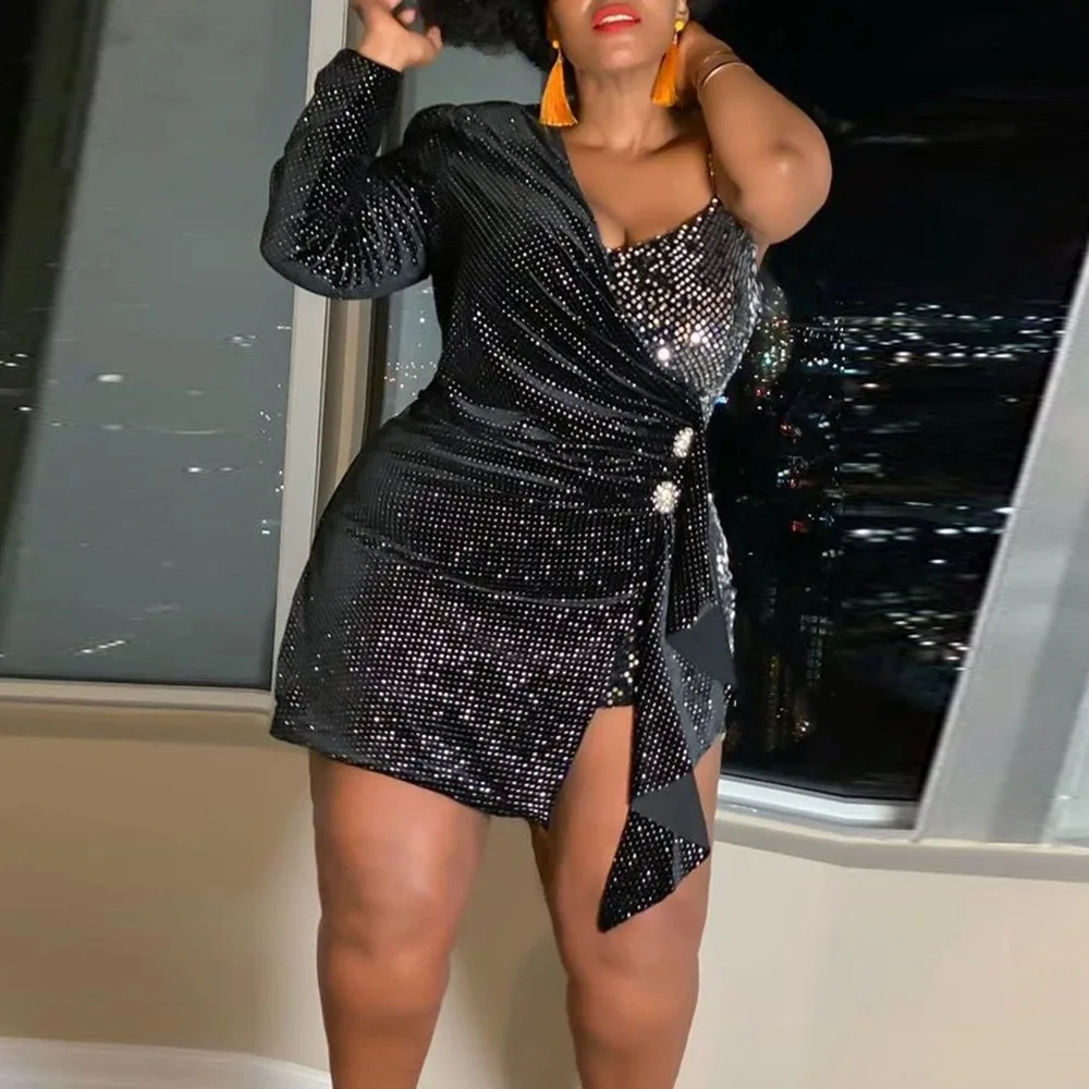 

Sexy One Shoulder Shinny Sequined Mini Dress Bodycon V Neck High Waisted Autumn Elegant Evening Night Party Club Vestidos Mujer
