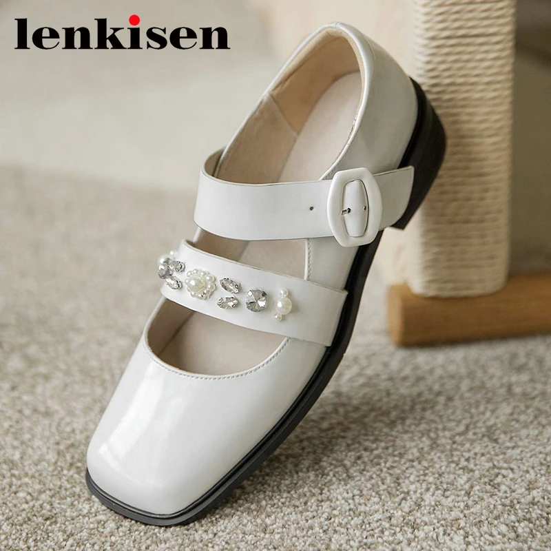 

Lenkisen limited customization square toe med heel rhinestone pearl decorations gorgeous beauty lady streetwear women pumps L10