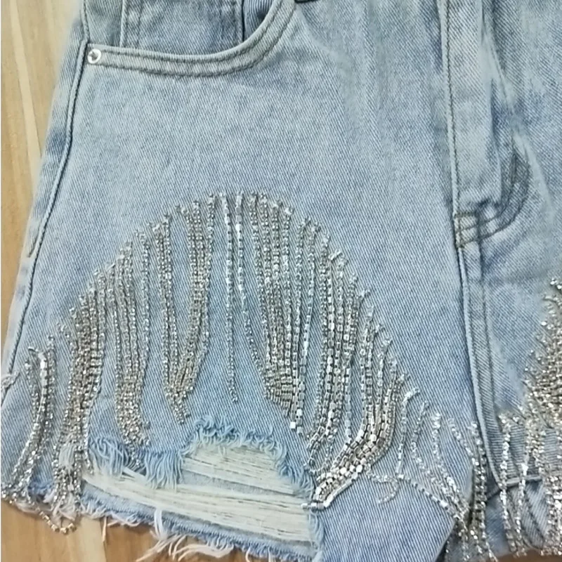 

Deat 2021 Spring Autumn Fashion Tide Denim Short Women High Street Rhinestone Sequins Hole Tassel Fit Wild Clothing Ae323