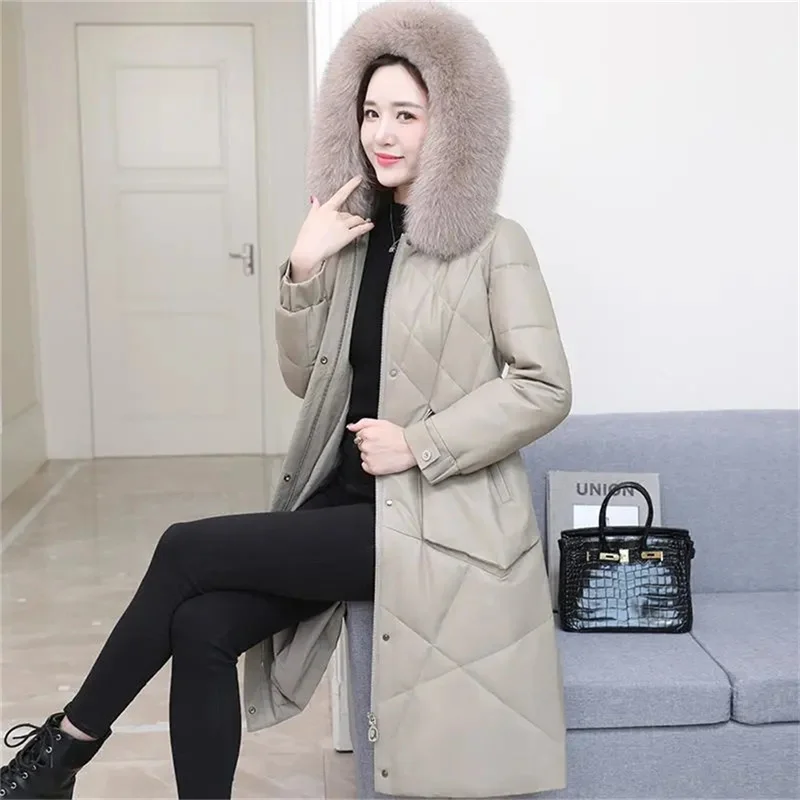 High-End Down Cotton Jacket Female pu Leather Mid-Length 2022 New Haining Faux Fur Slimming Temperament Sheepskin Jacket Wome