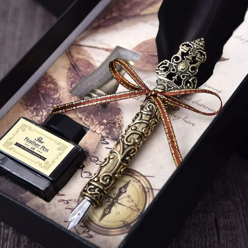 

Vintage Handmade Feather Quill Dip Fountain Pen with Ink Nibs English Calligraphy Writing Stationery Wedding Gift