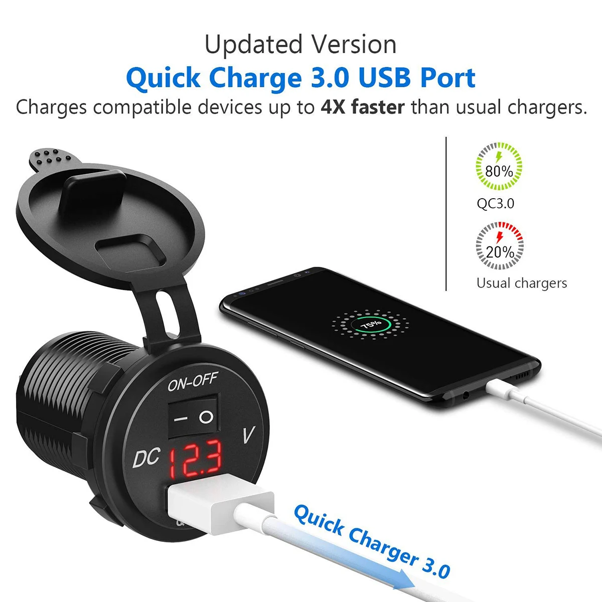 DC 12V-24V Quick Charge 3.0 Car USB Charger Socket LED Voltmeter With ON/OFF Switch Universal For ATV Motorbike Boats |