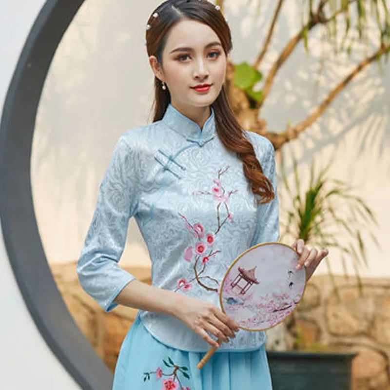 

Cheongsam Women's Plus Size Tops 2021 Summer Cotton Manual Embroidery Splicing Stand Collar Chinese Style Qipao Shirts Woman