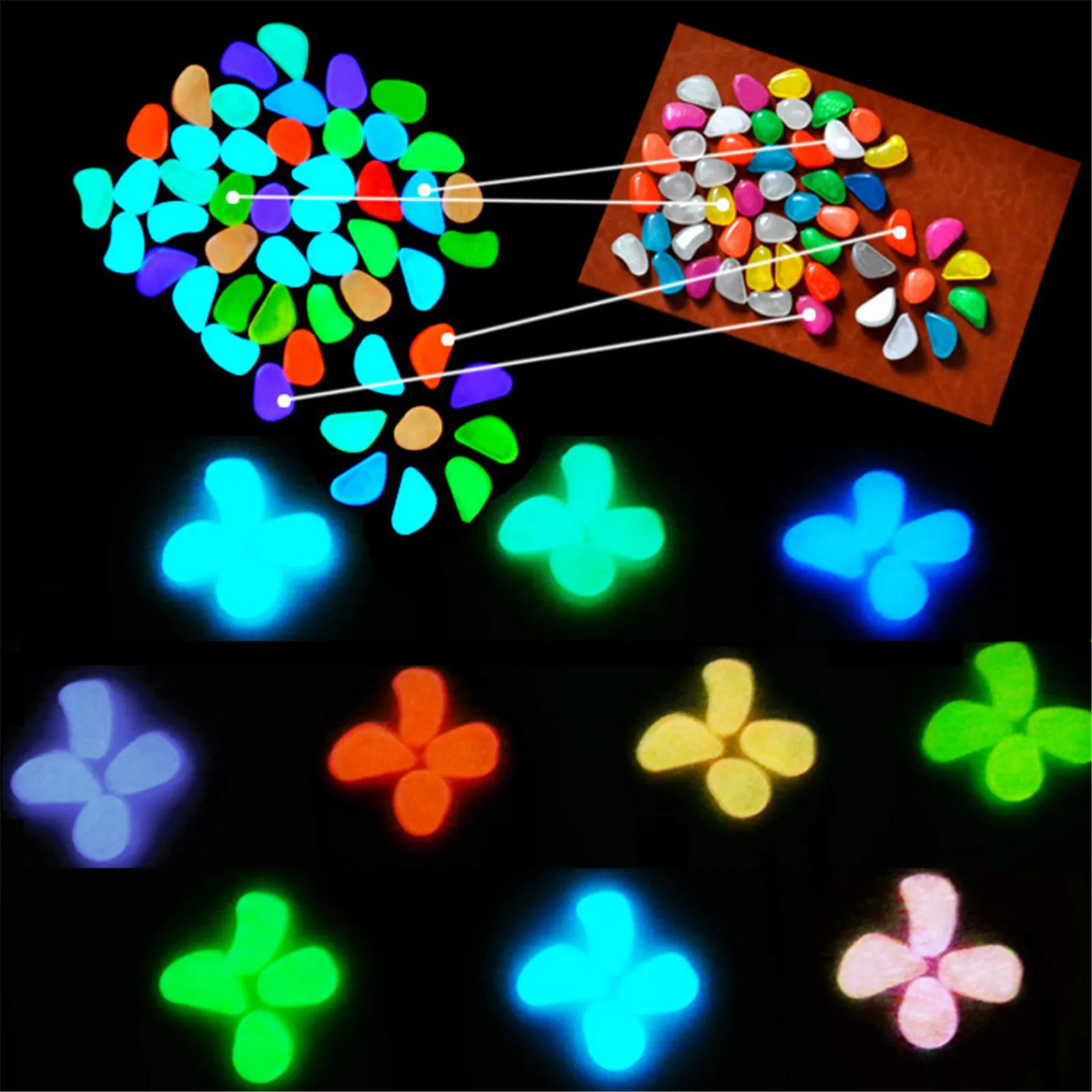 

100pcs DIY Decoration Glowing Stones in The Dark Pebbles Luminous Stones Rocks For Garden Aquariums Walkway Decoration