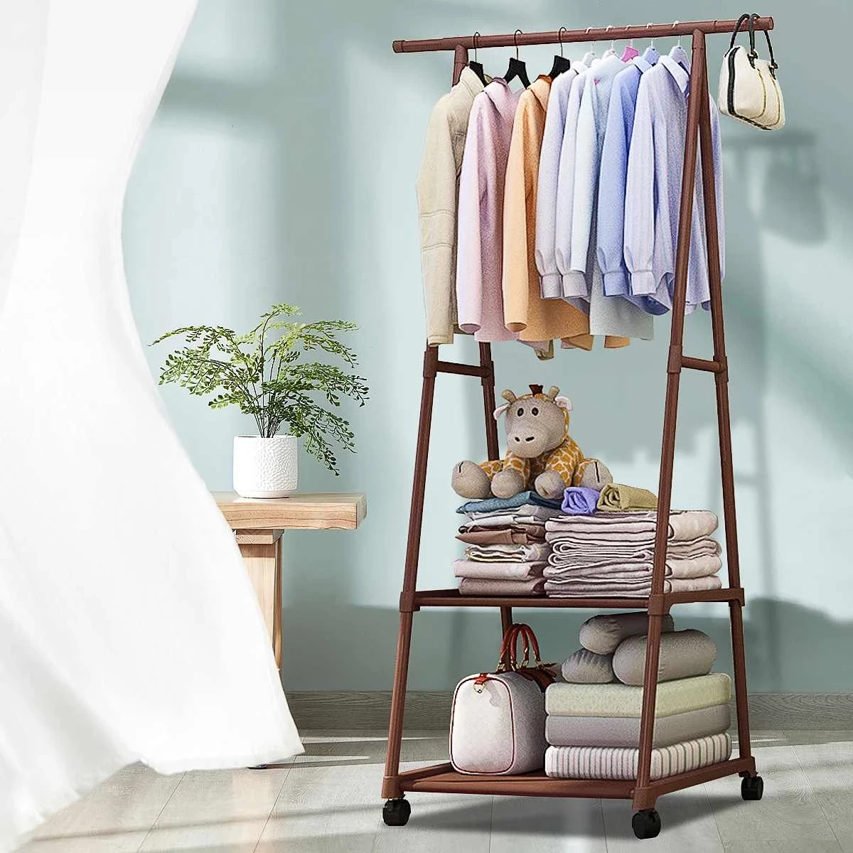 Removable Coat Rack Floor Hanger Shelf Stand with Wheels Multifunction Storage Organizer Garment Clothes Holder Shelves |