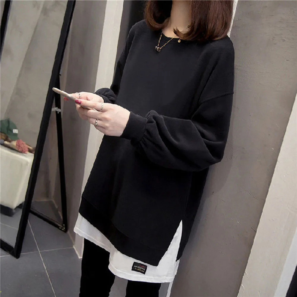 

Women Double-Layer Hoodie Sweater Women Mid-length T-shirt Casual All-match Patchwork Labeling Color Block Loose Top