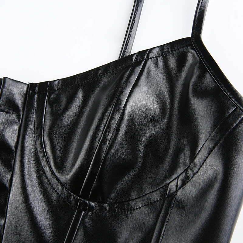 

Women's Corset Sexy Black PU Leather Bustier Crop Top Fashion Lady Sleeveless Strap Camis Clubwear Summer Low-cut Slim Camis