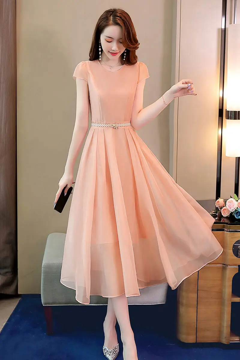 

2021 summer women's new fashion round neck short sleeve elegant dress with belt 32117p130