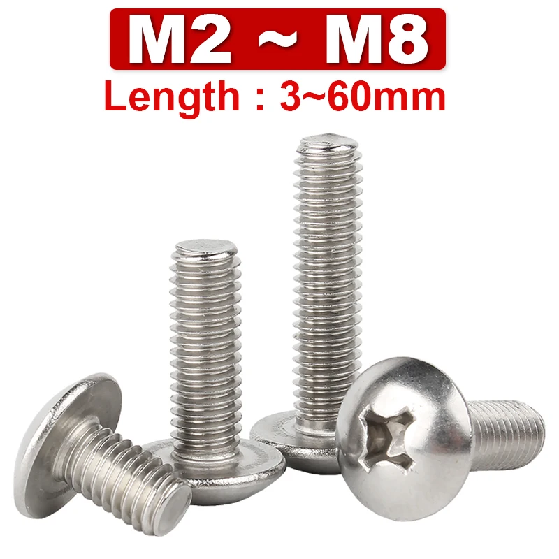 

304 Stainless Steel Cross Big Flat Head Screw Machine Screw Mushroom Head Umbrella Head Pan Head Machine Wire M2M2.5M3M4M5M6M8