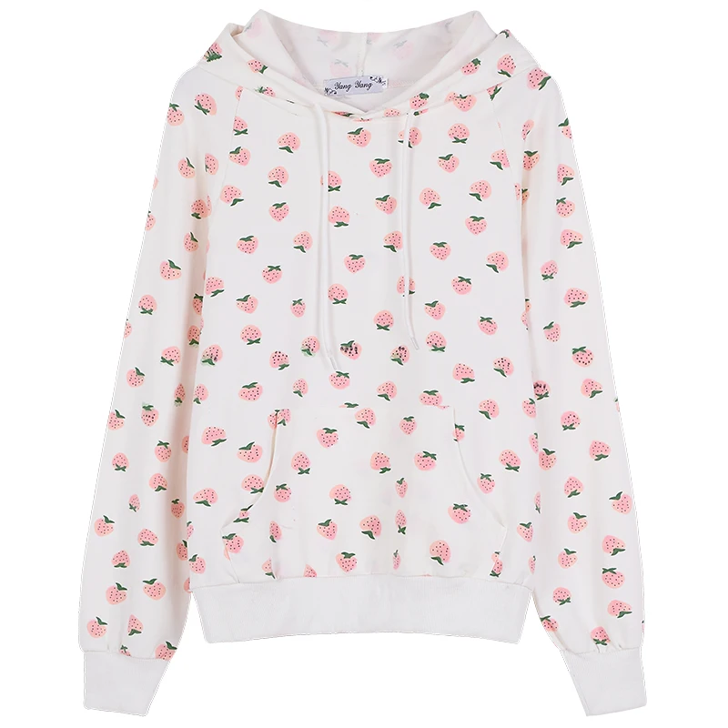 

Новое поступление, Повседневная Толстовка для девочек-подростков с принтом клубники, толстовка с капюшоном с милым рисунком и длинным рука...