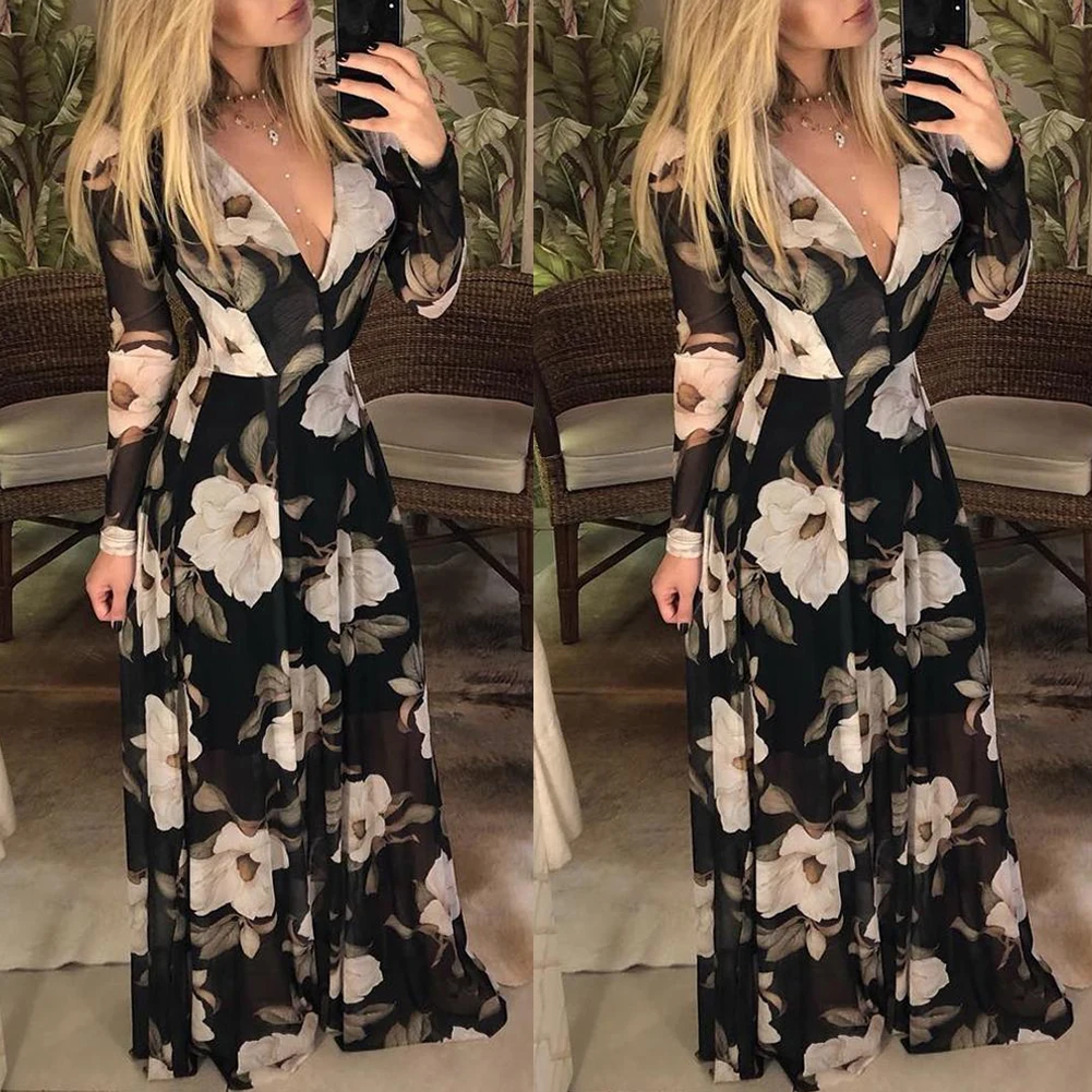 

2020 New Brand Fashion Women Boho Floral Chiffon Summer Party Evening Beach Long Maxi Dress Sundress