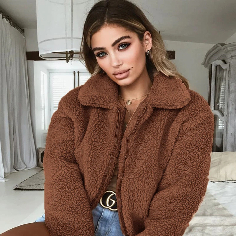 

Autumn Winter 2020 Women Zipper Hoodie Solid Teddy Fur Sweatshirts Hooded Collar Lady Fall Pullovers Thick Warm Curly Teddy Coat