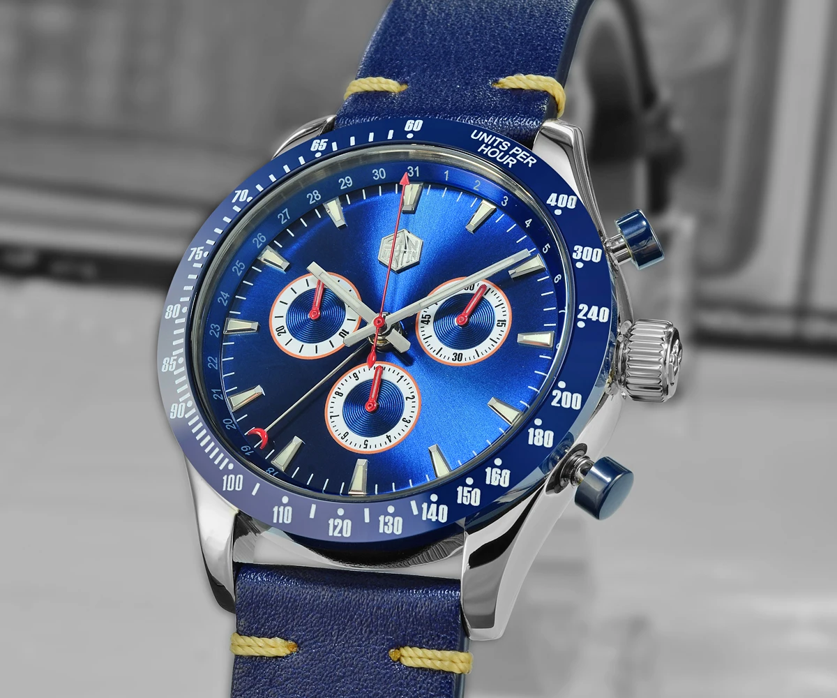 Lugyou San Martin Quartz Watch Men Chronograph Timepiece Sun ray Metal Band Sub Dials Pusher Sapphire 100m Water Resistant Glow