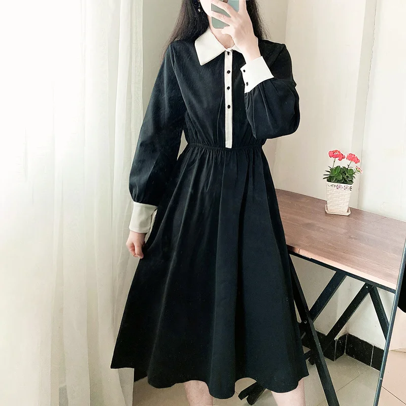 

Long Sleeve Shirt Dress Elegant Commuting Solid Color Black And White A- Line Dresses For Women Clothing 2021 Autumn Winter New