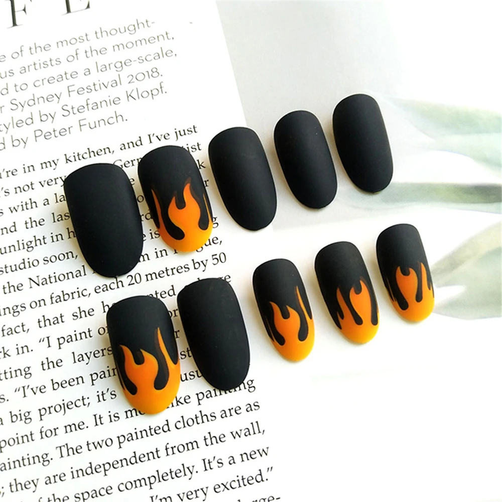 24 шт./компл. панк огонь узор матовая накладные клей для ногтей темно черый пре