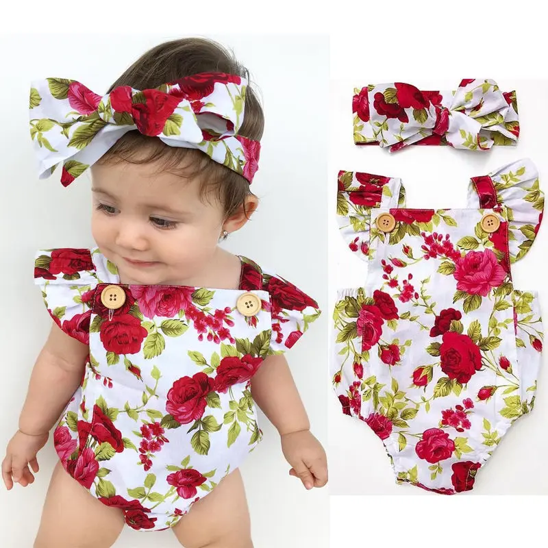 

2019 Cute Floral Romper 2pcs Baby Girls Clothes Jumpsuit Romper+Headband 0-24M Age Ifant Toddler Newborn Outfits Set Hot Sale