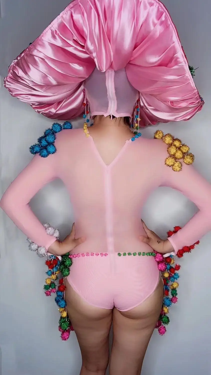 

Catwalk Bodysuit Headdress Women Dancer Show Outfit Transparent Prom Bar Multi-color Hairball Fringe Pink Xinjiang Dance Costume