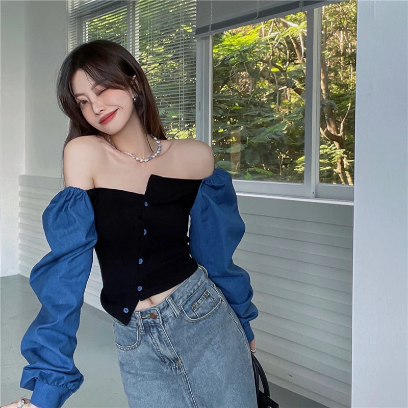 

NEW Fashion Patchwork Denim Shirts Women French Elegant Square Collar Puff Sleeves Blouses Autumn Long Sleeve Crop Tops