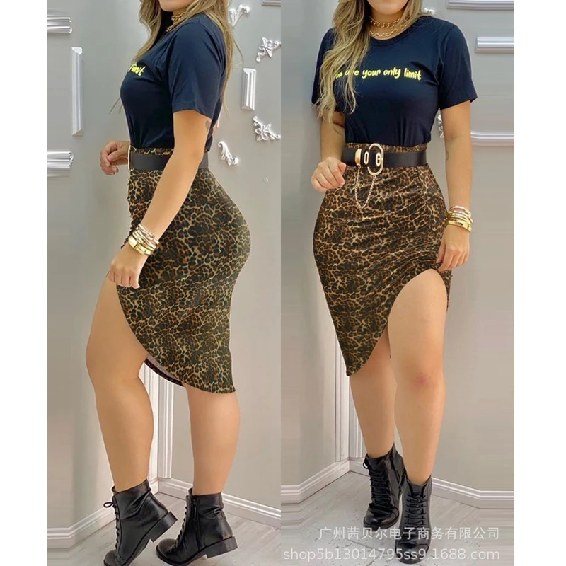 

Mandylandy Summer Sexy Letter Short Sleeve O-Neck T-shirt + High Waist Leopard Irregular Skirt Suit Women's Slim Fit Print Suit