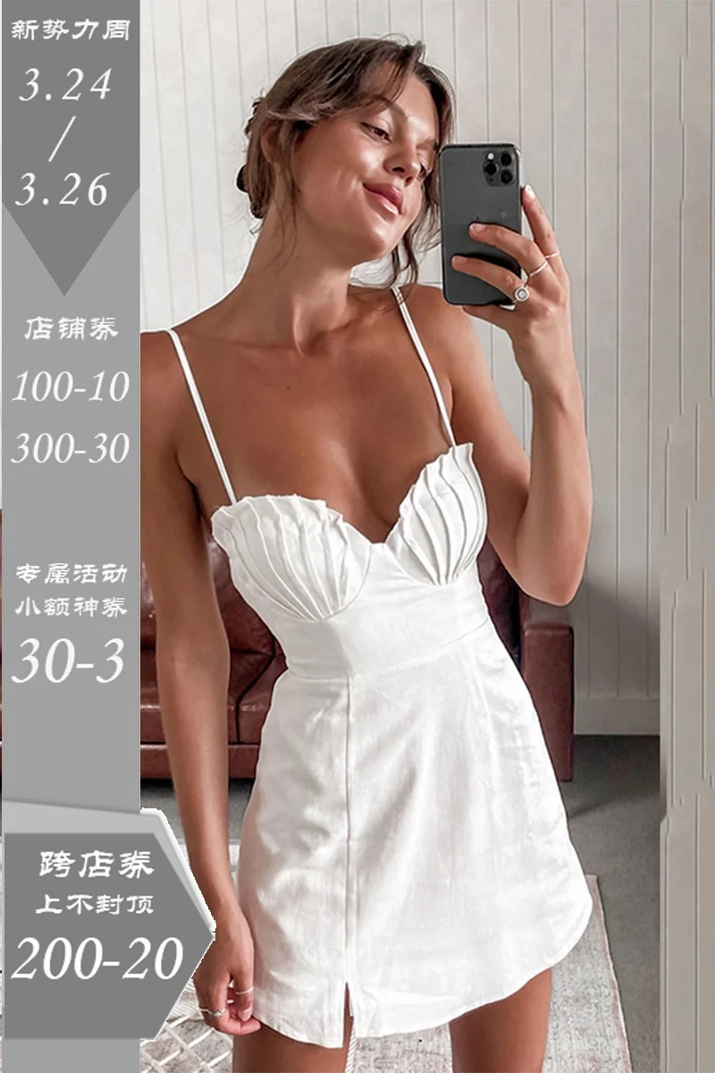 

European and American Slim-Fit Suspender Skirt Women's Ins Fashionable Pleated Chest Sexy Slit A- line Dress Short