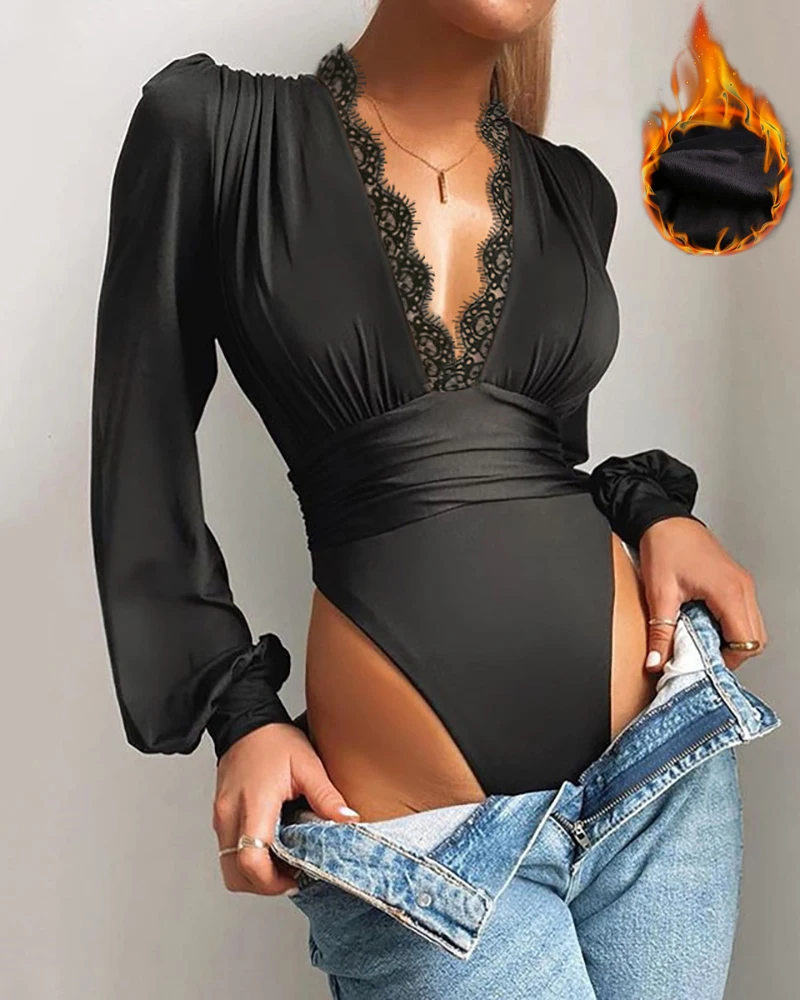 

Spring Winter Women Warm Lined Fleece Lace Puff Sleeve Bodysuit Solid V-Neck Black Spandex Top Patchwork Jumpsuit Femme 2021 New